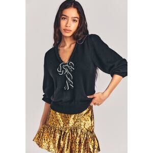 LoveShackFancy Leonora Black Ruffled Knit Wool Pearl Bow Sweater Size Small
